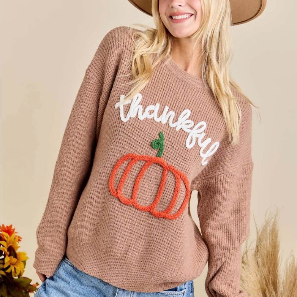 Thankful Pumpkin Embroidered Sweater